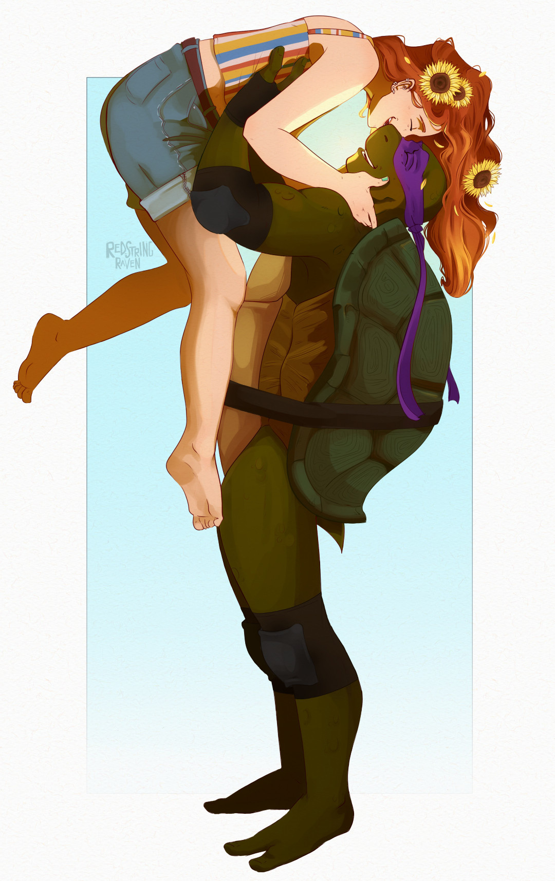 a colored, digital illustration of donatello from tmnt03 and breanne o'neil, an oc for the series. it's a profile shot where don is gently holding bree over his head by her sides/waist, and she's bent at the waist to cradle his head in her hands, her bright orange-red hair waterfalling down behind his head. bree's wearing jean-shorts and a tank top that's striped with peach, mustard yellow, cream and pale navy stripes. she has three sunflowers in her hair, and small yellow petals flutter loose from them. both don and bree are grinning, probably laughing happily as they nuzzle faces. the color palette is warm with sunny yellow accents. the background is a simple, pale blue rectangle that fades to white toward the bottom.