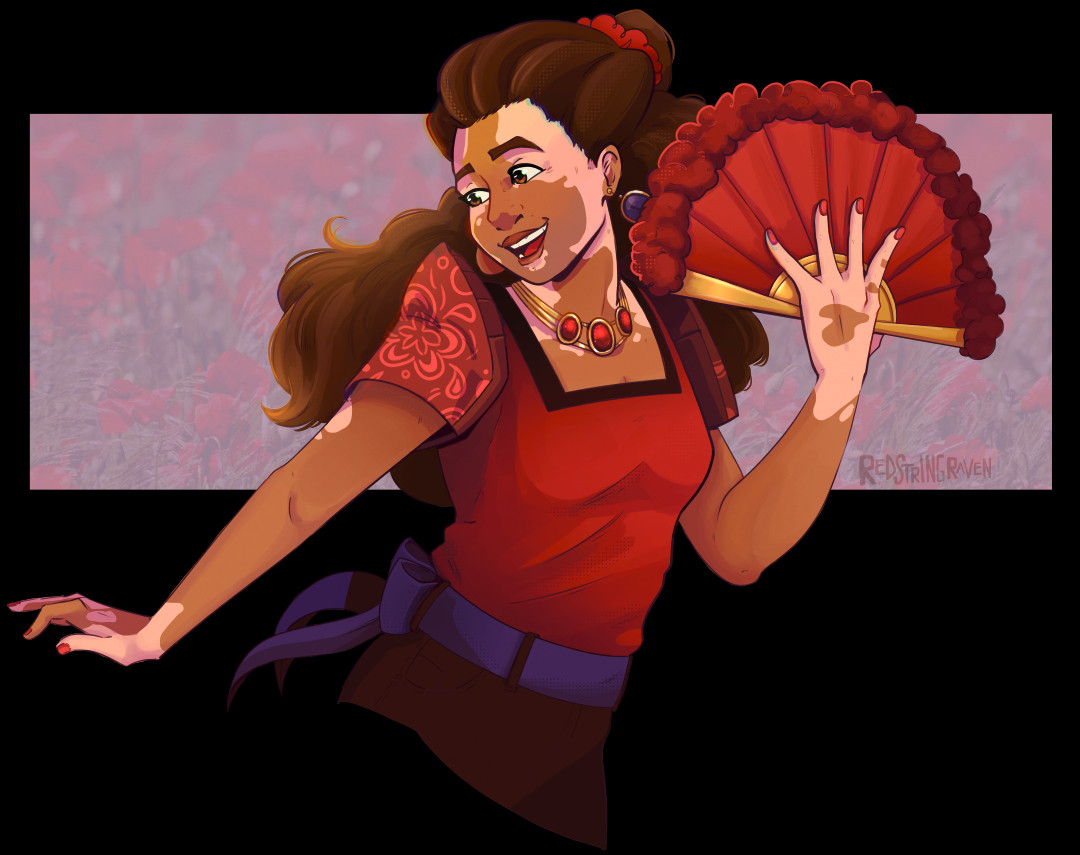 a digital illustration of rizalina lumaban, an original character for the rise of the teenage mutant ninja turtles series. she's leaning to her left with her left hand raised and holding a hand-fan a small distance from her face at eye level, looking over her right shoulder with a bright, warm smile. she's wearing a vibrant red shirt with filipiniana butterfly sleeves patterned with pink flowers and swirls, a gold necklace with three red gems, and deep reddish pants with a purple-blue sash.