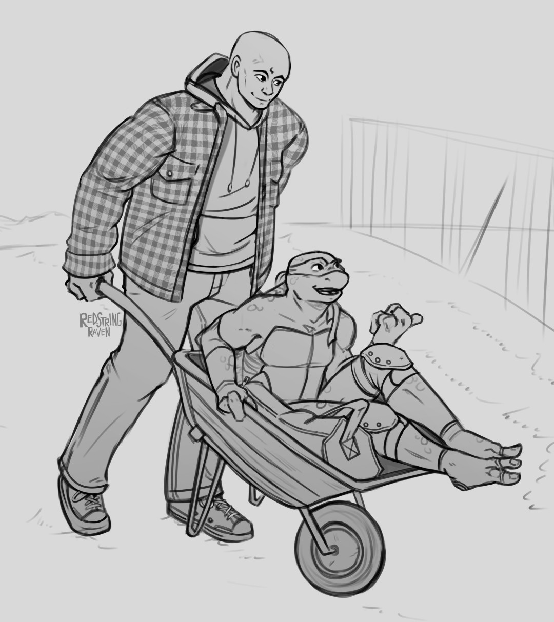 a grayscale, digital sketch of donatello and adam from tmnt2003. adam is in civvies: a plaid jacket that's unzipped with a large, loose hoodie layered under it, pants, and converse shoes. he's smiling contently as he pushes don around in a wheelbarrow. don is seated in the wheelbarrow with his duffel bag, gripping one side of it with his right hand and directing adam with his left thumb. don appears to be chattering about something nearby, and adam's happy to listen. the background is very loosely sketched, but it's somewhere outside on farmhouse grounds.