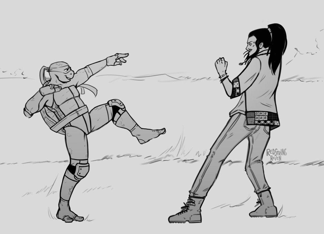 a digital, grayscale sketch of mikey and tora from tmnt2003. the two are standing far enough away from the camera to see their full bodies and are posed in a mock-fight with each other; mikey is balancing back on his right foot while his left is raised in a feigned kick (or something) and tora is pulled back in a squared, more grounded stance. tora is also dressed in civvies: a noragi jacket with patterning on the sleeves and bottom flaps, jeans, and ankle-boots. he also has a necklace of sorts which appears to be a medium string with a circular, hollowed out pebble. both are grinning playfully. the background is loosely drawn, and it seems to imply they're somewhere near the farmhouse, closer to the wooded areas.