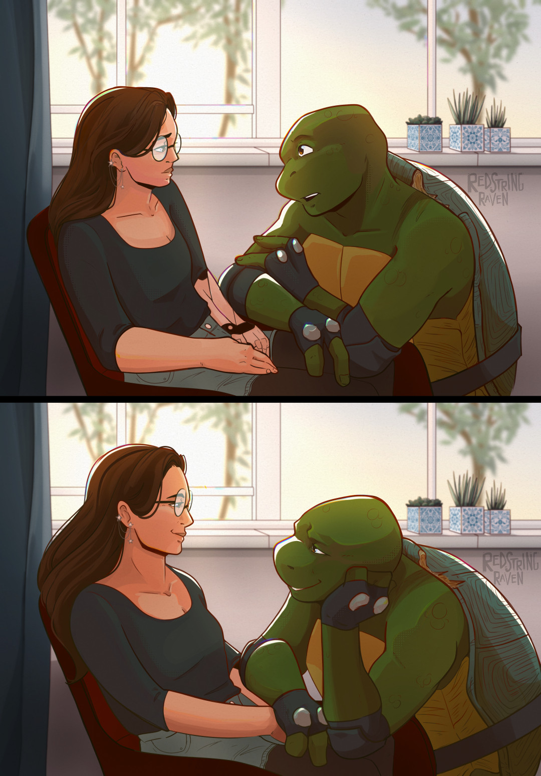 a digital illustration of leonardo from tmnt'03 and min-ji seong, an OC for the series, that's split into two "panels". 

in the top panel, leo is kneeling beside a chair min-ji is sitting in with his arms folded on the arm of it. his head is tilted, and he's talking calmly to her while she listens with a slight smile. min-ji's wearing circular glasses, a deep navy top with sleeves that go to the elbows, jean shorts and black tights. they're in what looks like a study with warm sunlight coming through the window behind them, giving them both some gold rim-light.

the second panel is mostly the same, but now leo is leaning a little closer and holding both of min-ji's hands in one of his, his cheek propped against his other hand. he's smiling fondly. min-ji's smile has widened, and she seems peaceful.