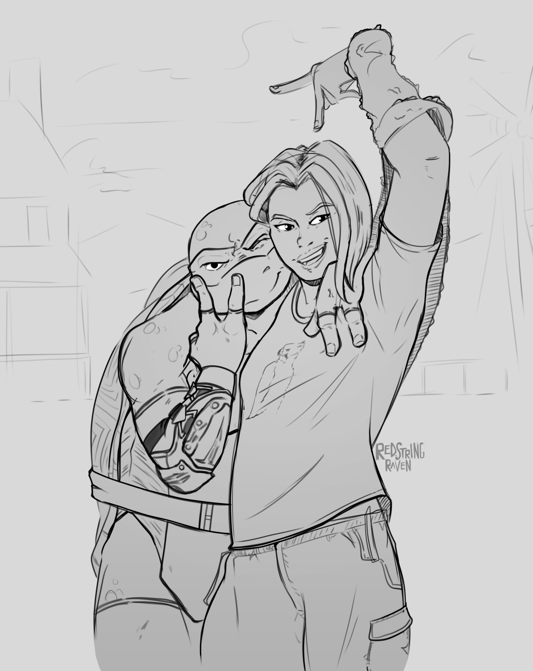 a digital grayscale sketch of raphael and joi from tmnt2003, season 5. they're standing together, raph has one arm wrapped over joi's shoulders and is leaning into her a little, holding his other hand over his face slightly so he's peek through his fingers playfully at the camera. joi has one arm wrapped around his back/shell and one arm held over her head, making the peace-sign with a flick of her wrist. they're both smiling, raph looking directly at the camera and joi slightly off to her left. joi is in civvies: a t-shirt with a hawk on it, a cotton or faux fur hoodie, and khaki pants. the background is extremely loose, but it seems to be just outside the farmhouse.