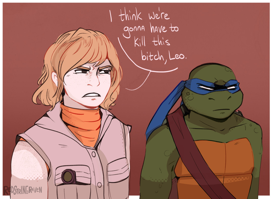 digital art, bust-shots, of heather mason from silent hill 3 and leonardo from tmnt 2003. they both look angry, and heather says "i think we're gonna have to kill this bitch, leo".