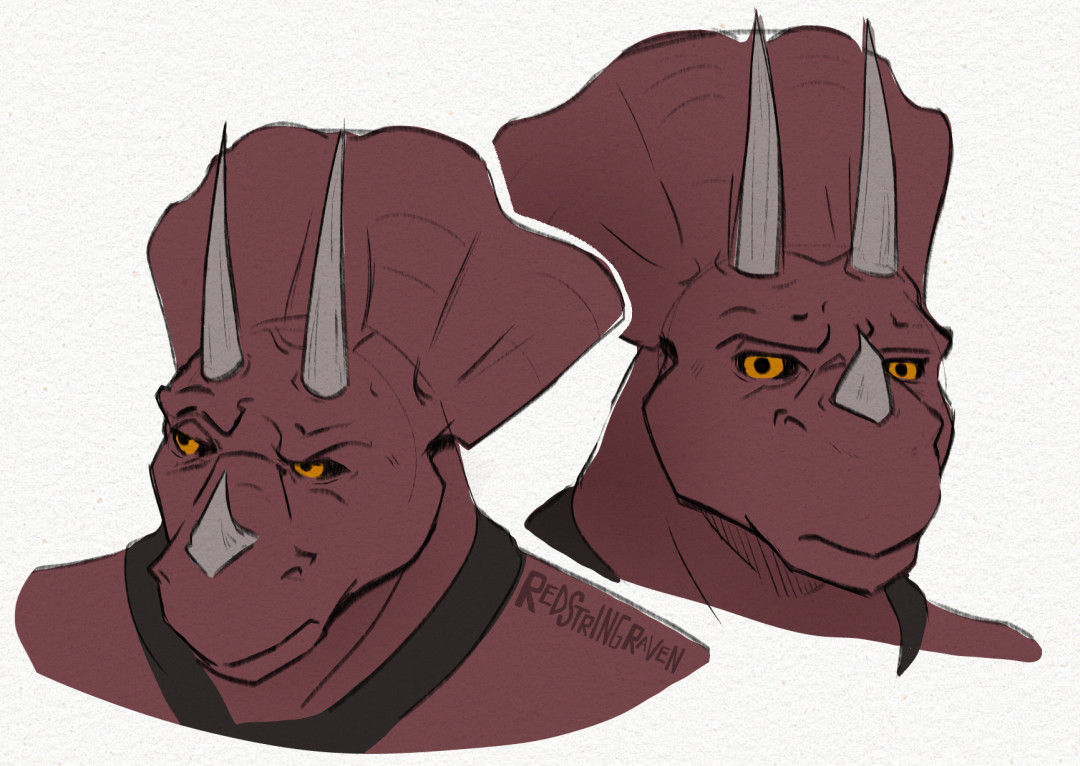 two digital, colored sketches of nyxram, an oc triceraton for the 2003 tmnt animated series. they're loose drawings from the neck up. nyx's skin is a desaturated reddish-purple. like traximus and zanramon above her, the triceraton design has been altered to have eagle-like eyes rather than their series design. hers are an almost burnt orange. she's frowning in both images, possibly more annoyed in the first.