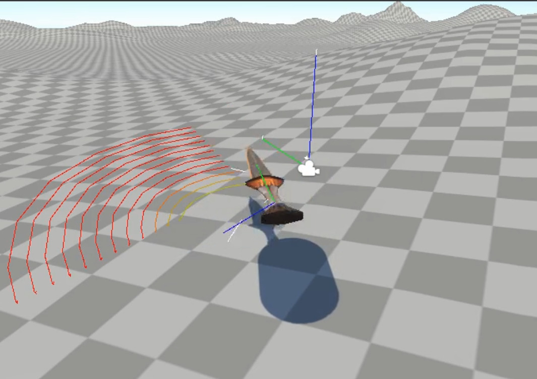 Debug view from Sea Peebles / Shrike showing the physics based pose armatures (green line is 'aim', blue line is 'up', corner is 'position'). The red arcs show the volume swept by the weapons hit box.