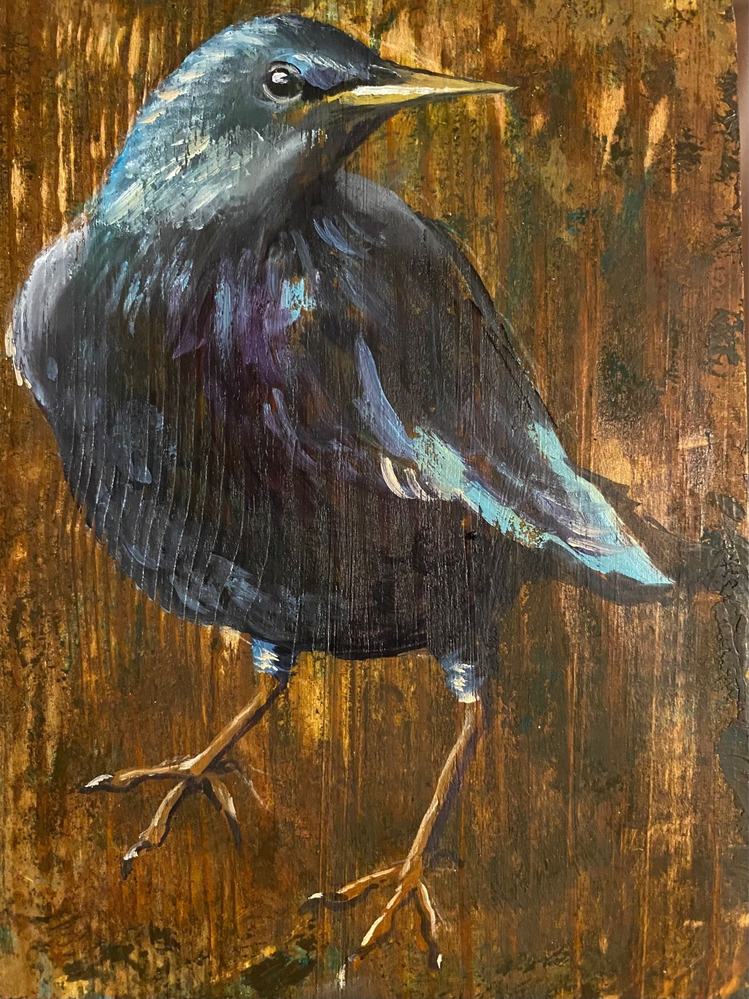 Ein Star (der Vogel), gemalt mit Ölfarben auf altes Holz.