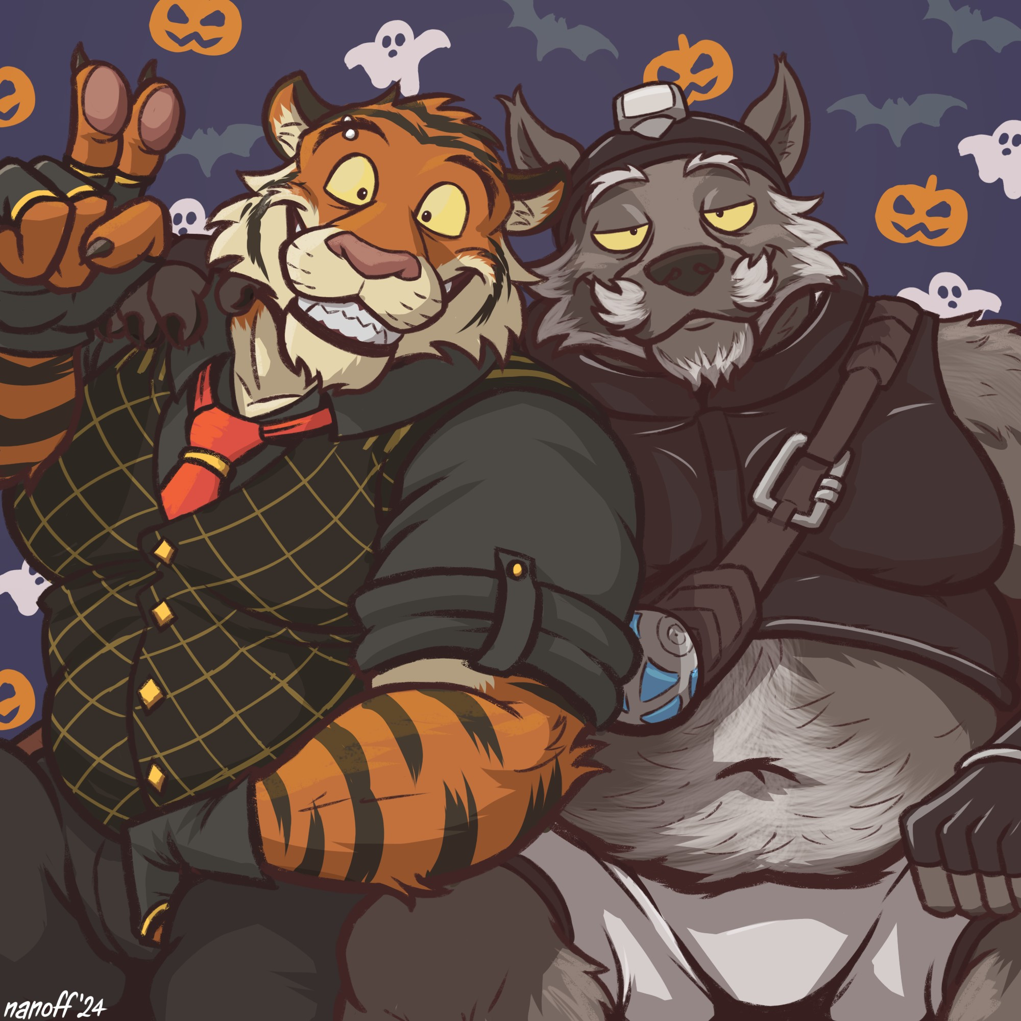 Boomer and Miles posing dressed as Oscar and Wendell from Fortnite for Halloween