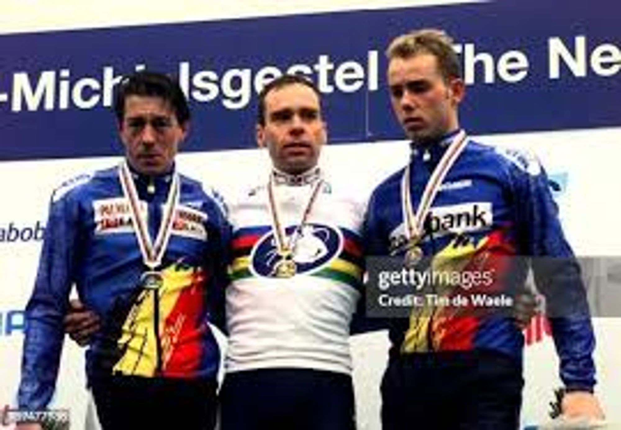 Two distraught Belgians on the 2000 World Cyclocross Championship podium after Sven Nijs (Nys) helped his trade teammate Richard Groenendaal win the race.