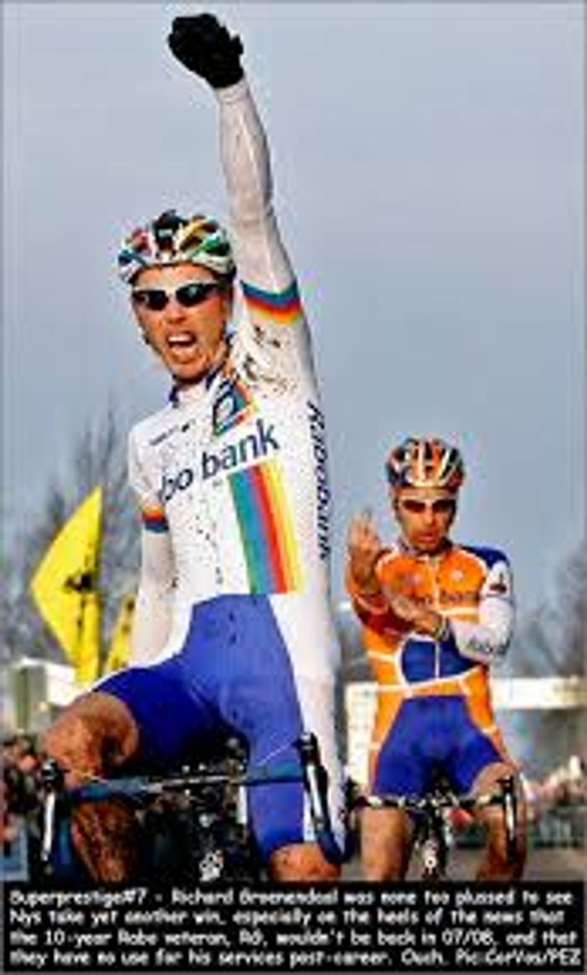 Richard Groenendaal flipping off his teammate Sven Nys after Nys came from behind to win a round of the Superprestige cyclocross series.