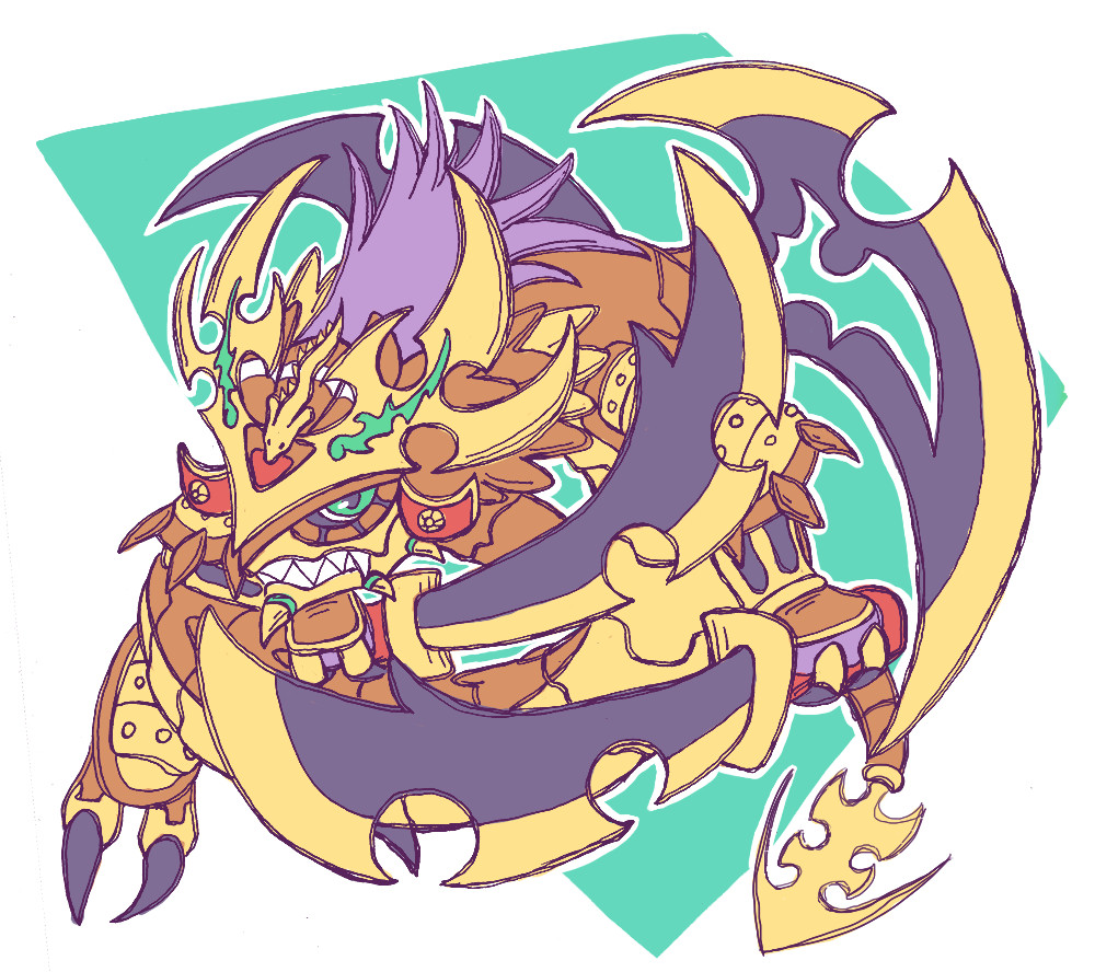 art of the digimon ouryumon, a serpentine dragon digimon completely covered in bronze and gold samurai armor, the most ornate being on its helmet. it wields two large black and gold blades in each hand, which it has aimed towards the viewer