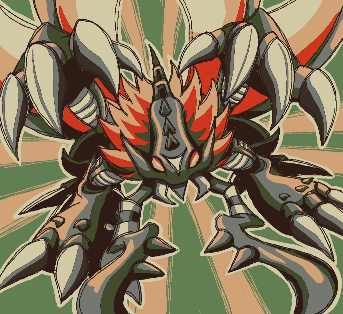 art of grankuwagamon, a large bulky black stag beetle-like digimon. it has a small head, giant mandibles, wings, and 6 huge limbs with the middle pair held above to attack. this art shows it head-on with those middle limbs held over ready to strike