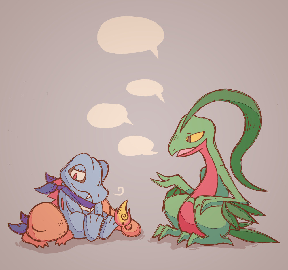 art from the game pokemon mystery dungeon explorers of the protagonist (as a totodile) and their partner (as a charmander) and grovyle. the charmander is asleep and curled around the totodile, who is looking down at them lovingly. grovyle has a soft expression on his face as he talks to the totodile