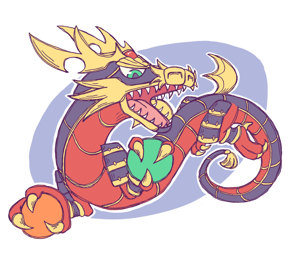 art if the digimon hisyaryumon, an eastern dragon-like digimon covered in red and black armor with samurai embellishments for its horns and moustache. its also grasping a green orb and orange orb in each of its hands as its flying around in a serpentine pose