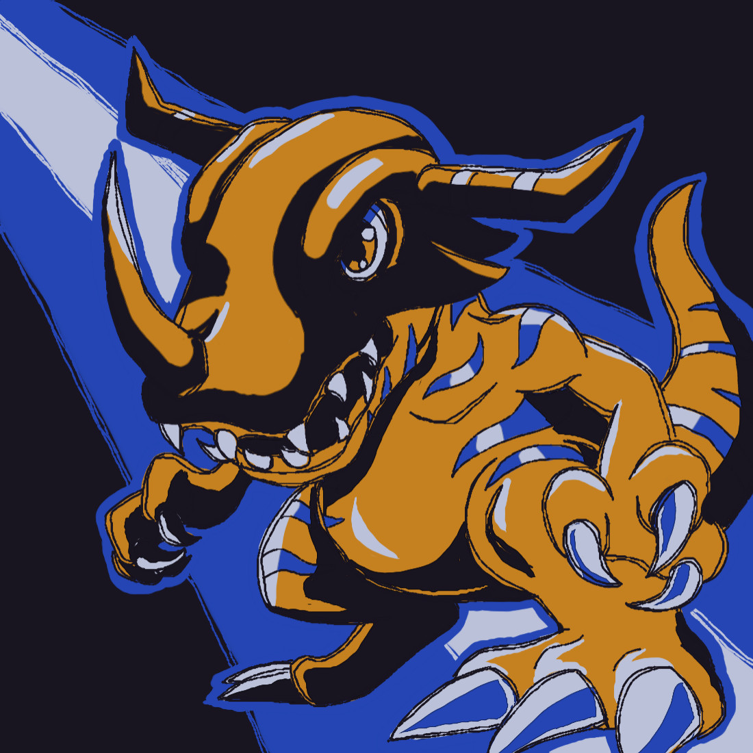 art of greymon, an orange dinosaur digimon wearing a helmet with its characteristic three horns. this greymon is stanced for battle with its head held low and its claws bared