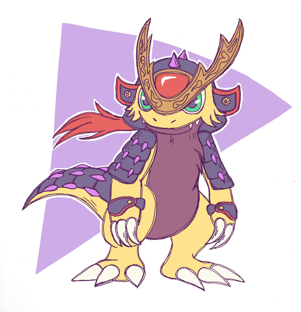 art of the digimon, ryudamon, a fluffy yellow reptilian digimon wearing samurai armor. its standing up and staring off to something on the side as its tassel on its helmet blows behind it