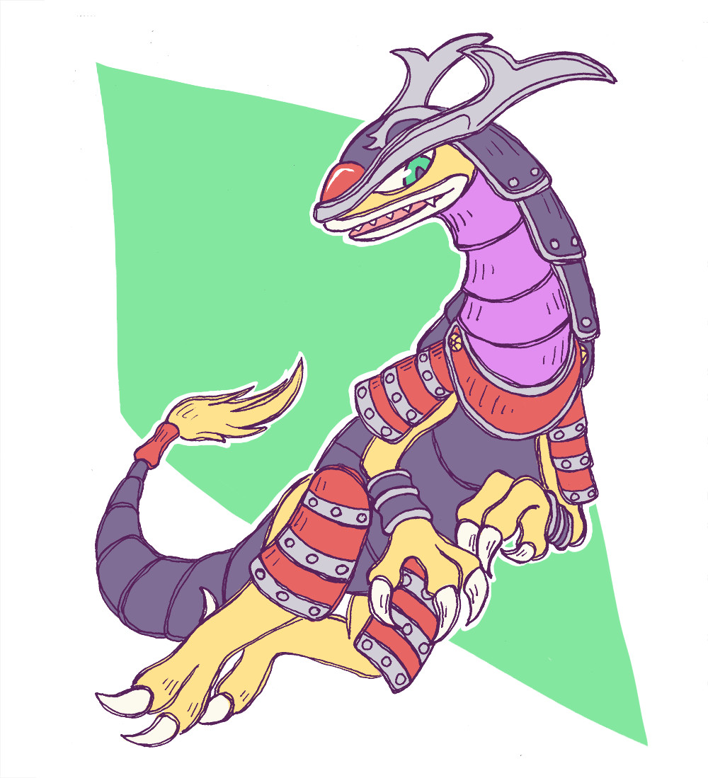 art of the digmon ginryumon, a floating yellow reptilian digimon wearing samurai armor, which looks much more lizard-like than ryudamon. its floating upwards