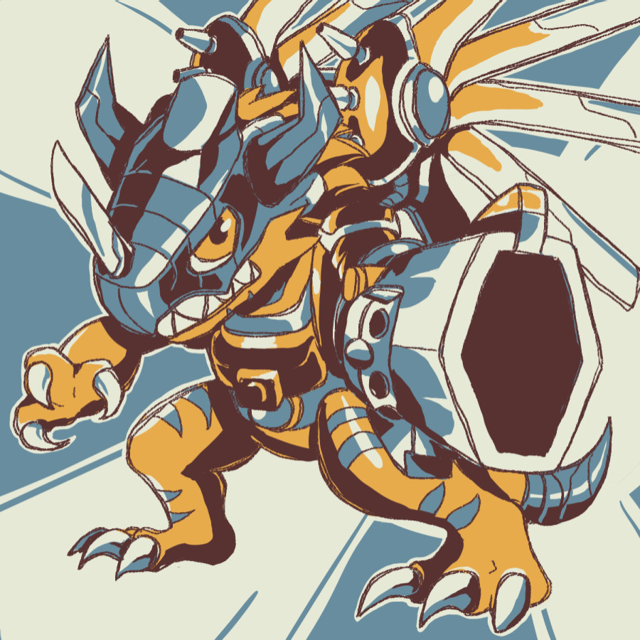 art of rizegreymon, an orange dino digimon with a metal helmet, machine-like wings, and a big revolver for a left arm that here is being pointed towards the viewer