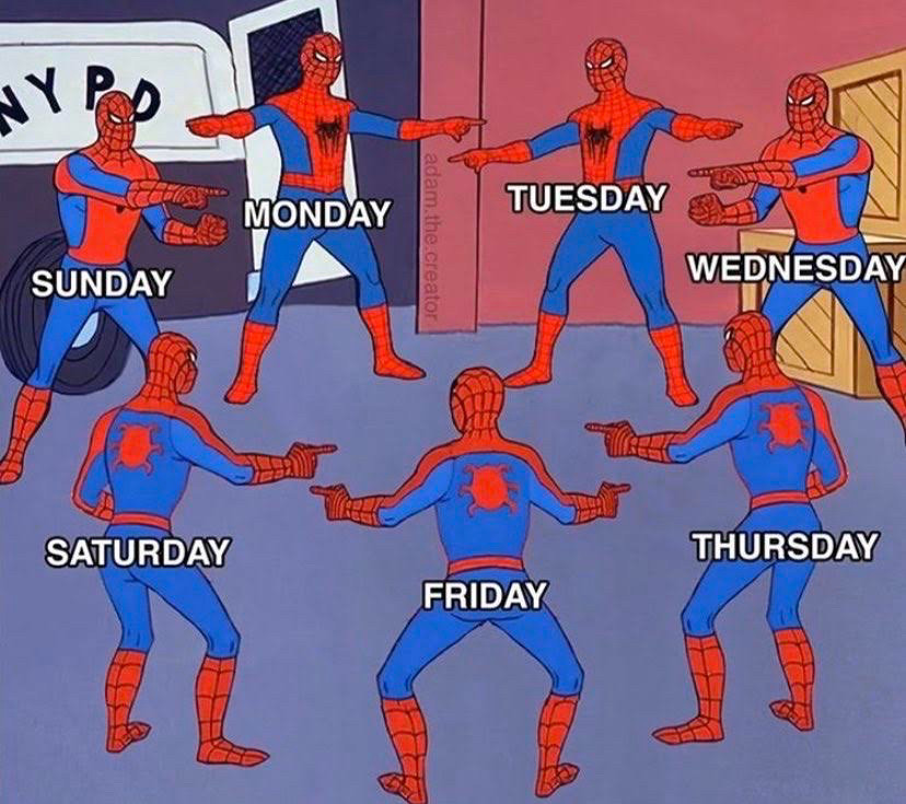 7 Spiderman all labeled the days of the week pointing at each other in confusion. Sunday, Monday, Tuesday, Wednesday, Thursday, Friday, Saturday.