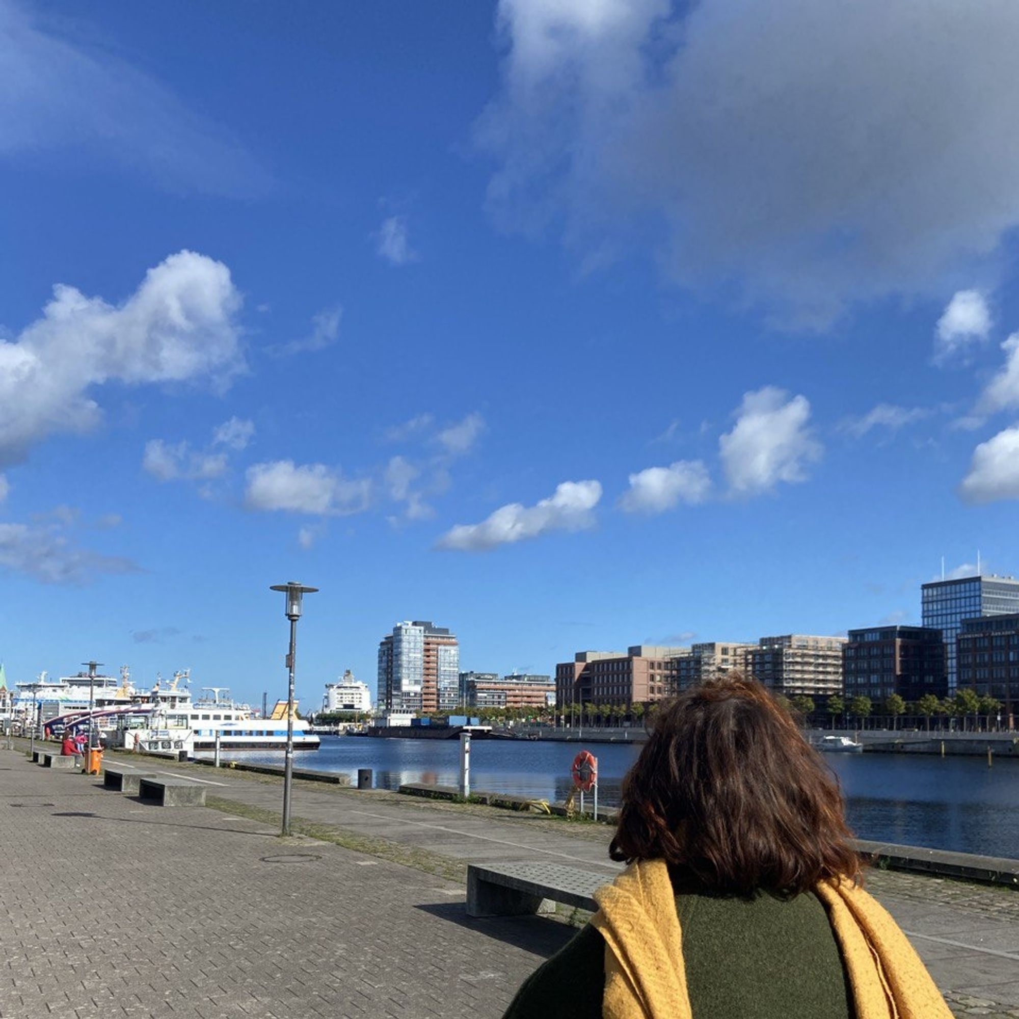 Ich von hinten mit gelbem schal dahinter kieler förde mit booten bei Sonnenschein