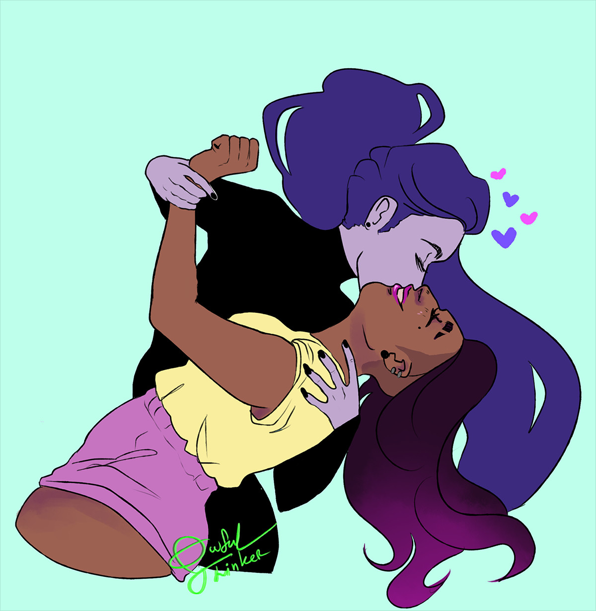 two women, taller woman in black turtlkeneck and long purple hair is dipping her partner - shorter woman with long purple gradient hair. she's holding her wrist and kissing her cheek