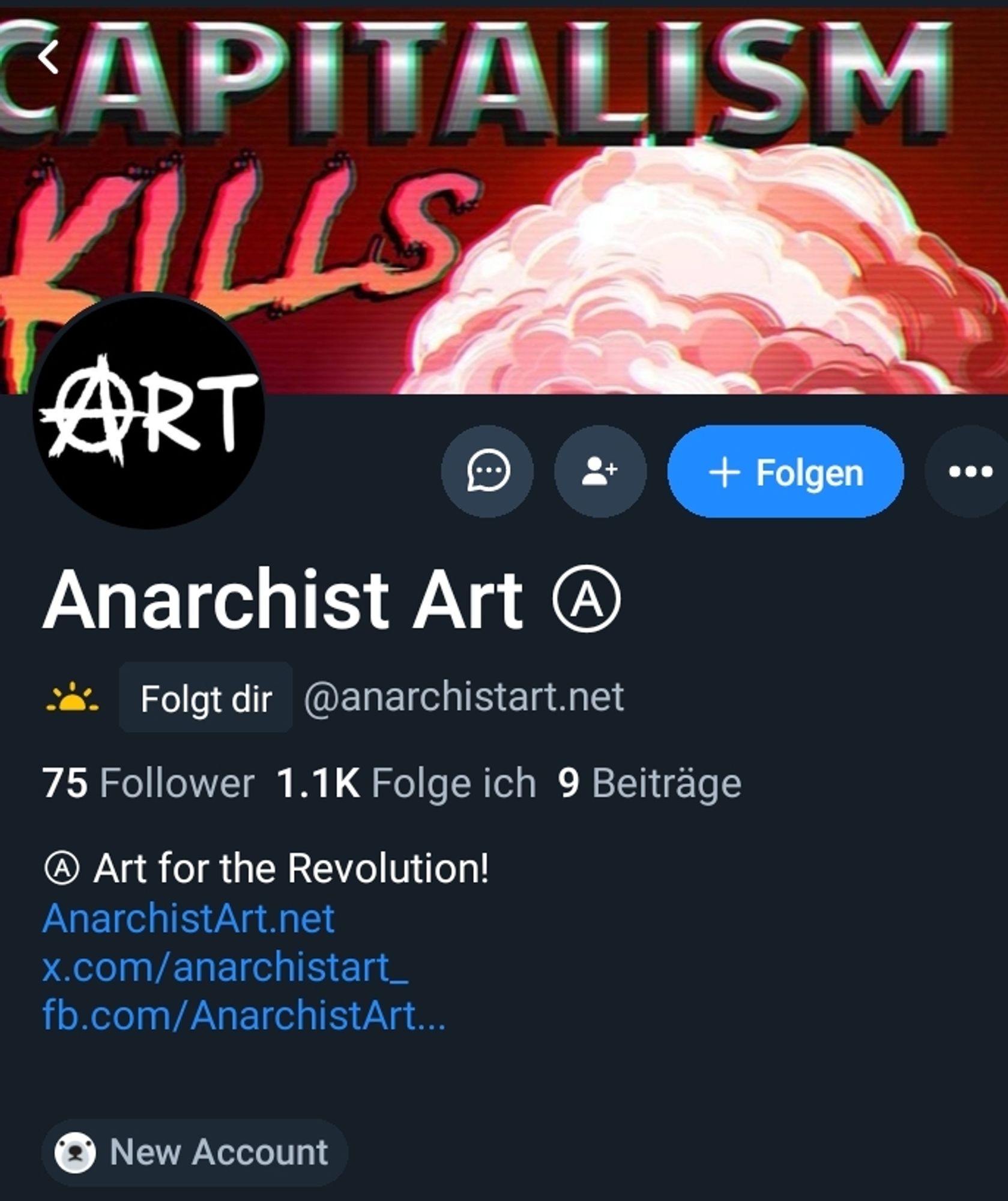 Foto des Accounts anarchistart der mit gesammelten Artworks versucht Content, Traffic und damit im Endeffekt Moneytizing hier raus zu holen.