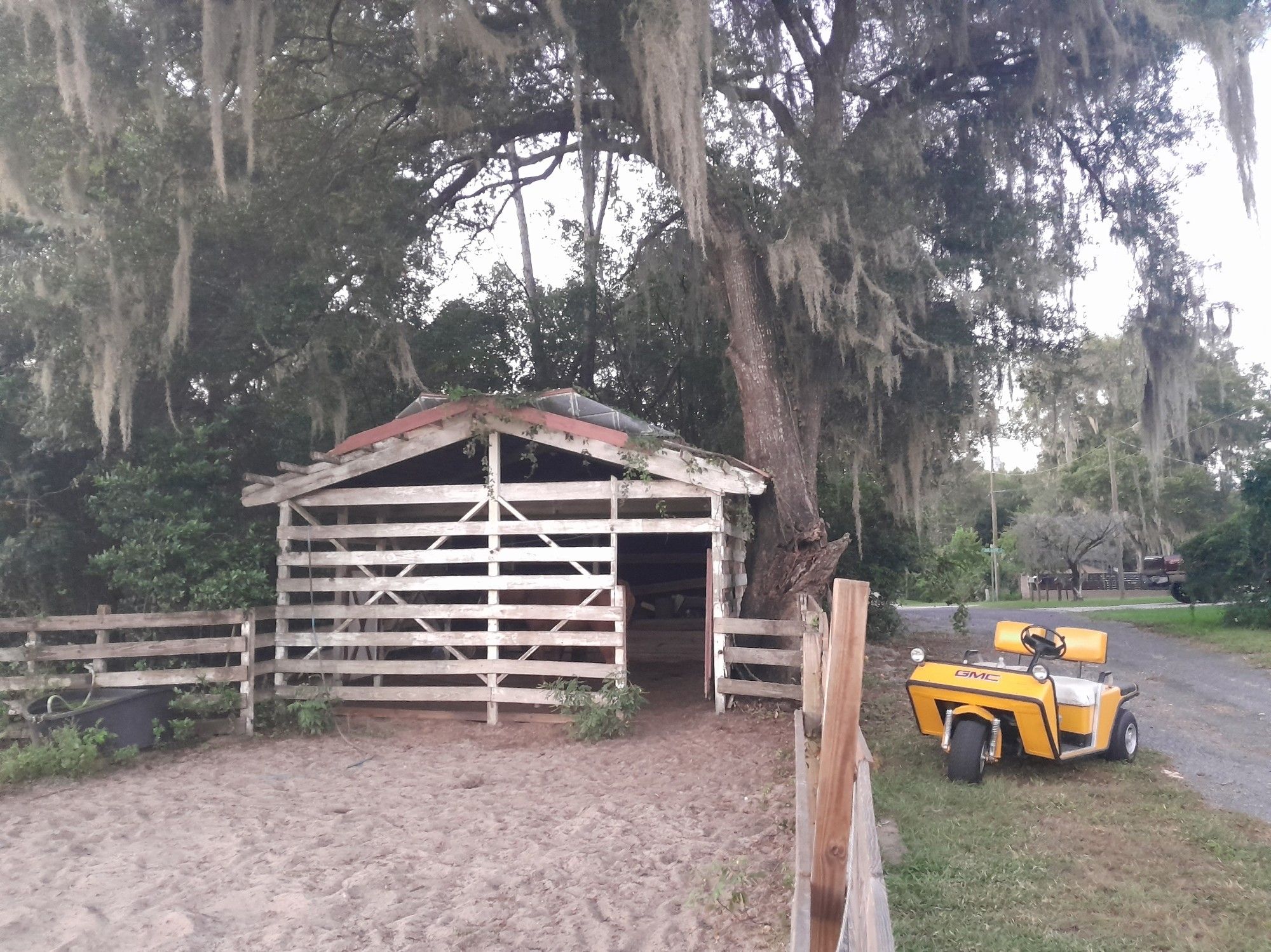 Small barn made of horizontal slats of widely spaced wood, dirt floor, an old wood fence running alongside it separating the Horse House and pasture from the gravel road. A 3-wheeled yellow golf cart is on the streetside of the fence. Golden hour - rich light, a sense of late day warmth.