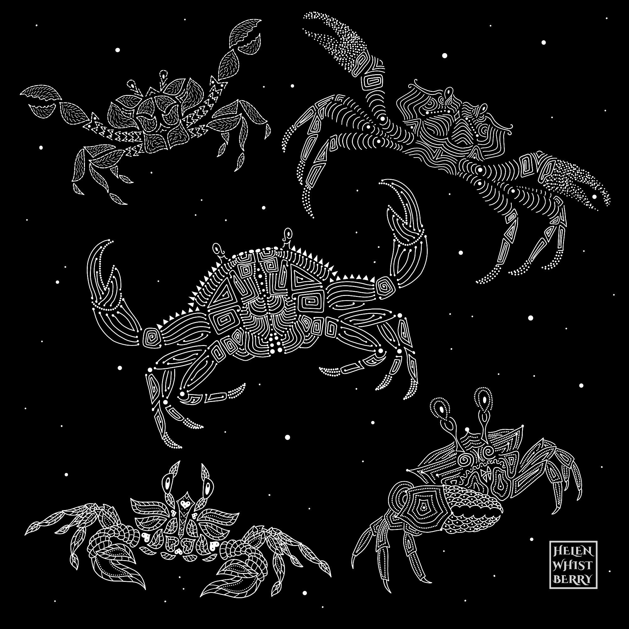 Drawing in white ink against a black background of five very fancifully drawn crabs floating in space amongst the stars