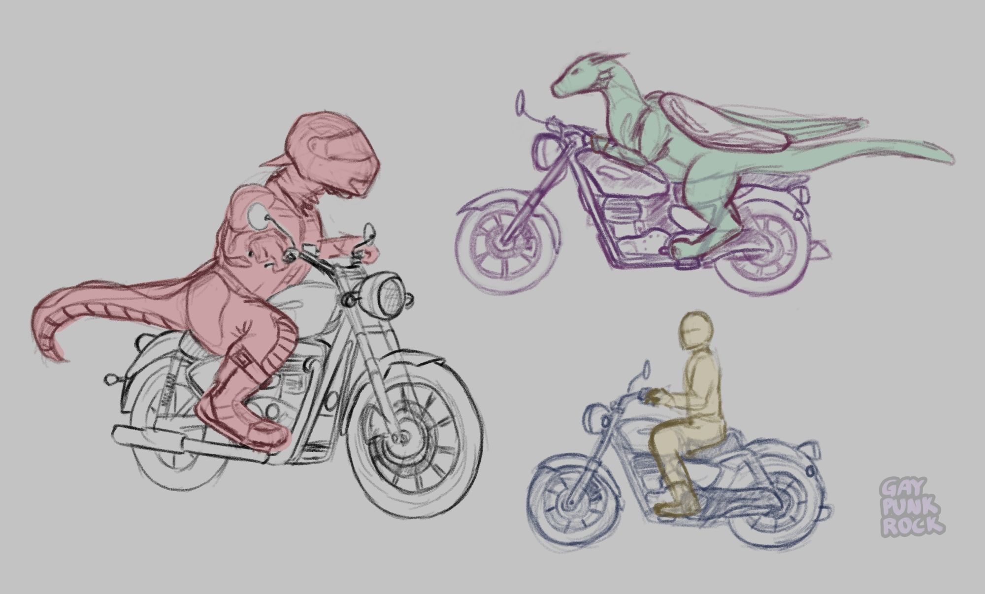 digital sketch of three motorcycles with riders. left is a kobold with full gear, helmet, boots, fitted to his body type. bottom right is a human on a small cruiser type, and top right is an enlongated cruiser type with a dragon riding it in a forward laying position. it wears caps over its wingarms and it's tail is on an extended seat cushion.