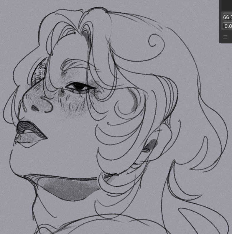 A digital portrait sketch of a man with soft rounded features and slightly parted lips, looking up. The hair is done in a wolfcut style.