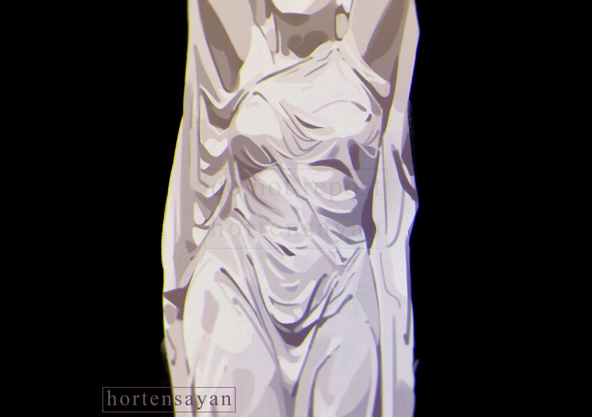 a digital half-body painting of a white-colored statue soaked in water with their arms up while their face can't be seen on the artwork. the background is pure black.