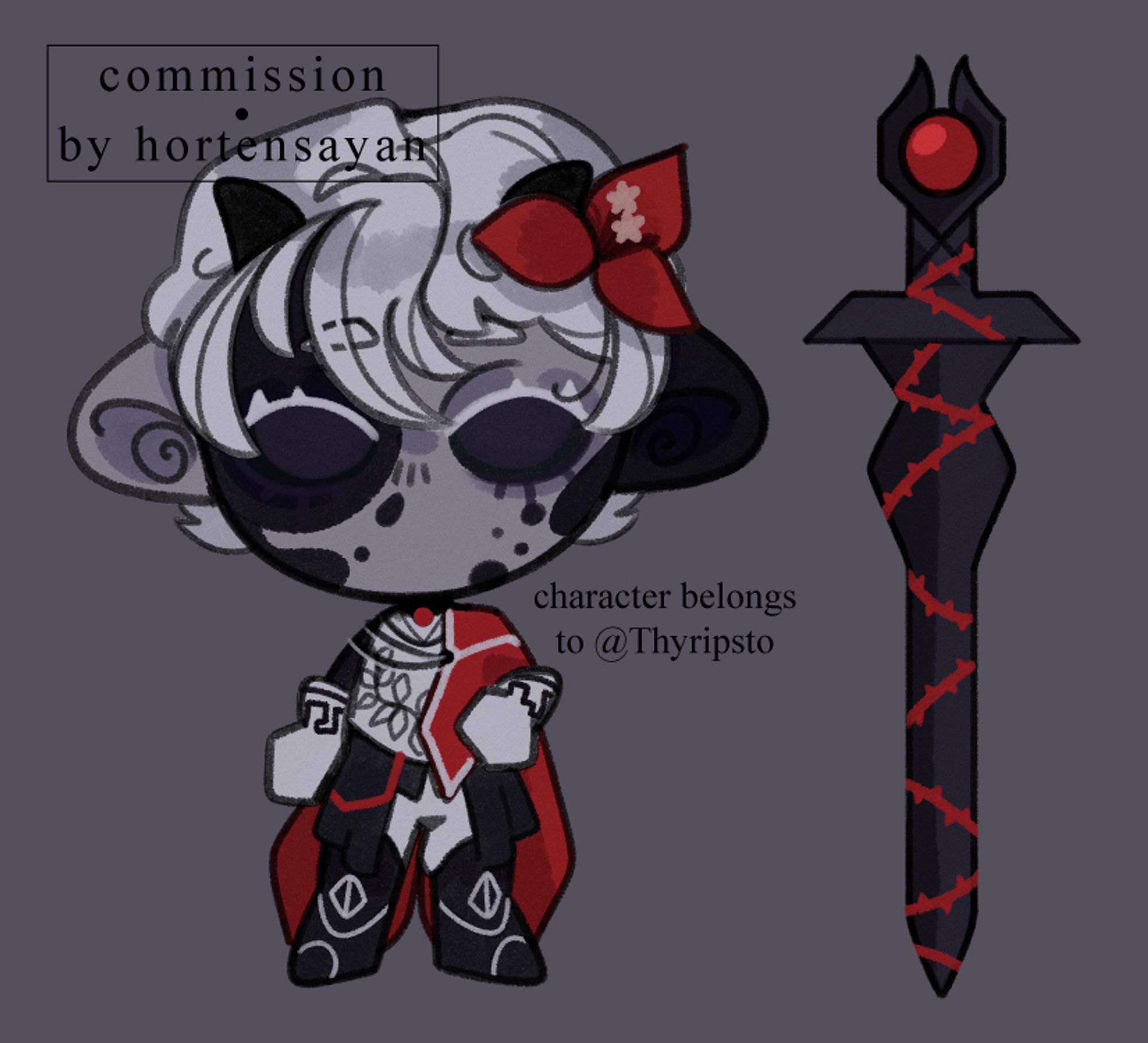 A digital artwork of a full-body chibi with a big black sword covered in red thorns next to them. The character has purple complexion with black vitiligo pattern across their face. Their eyes are dark purple with dark scleras, the eyelashes are white, same as their short hair. They have small horns and a red bougainvillea in their hair. The outfit consists of a silver chest armor, knee-high black boots, white gloves and a red cape. The background is dark gray and there's a caption next to the character saying it belongs to Thyripsto. There's also a watermark above the character: "Commission by hortensayan". End ID.