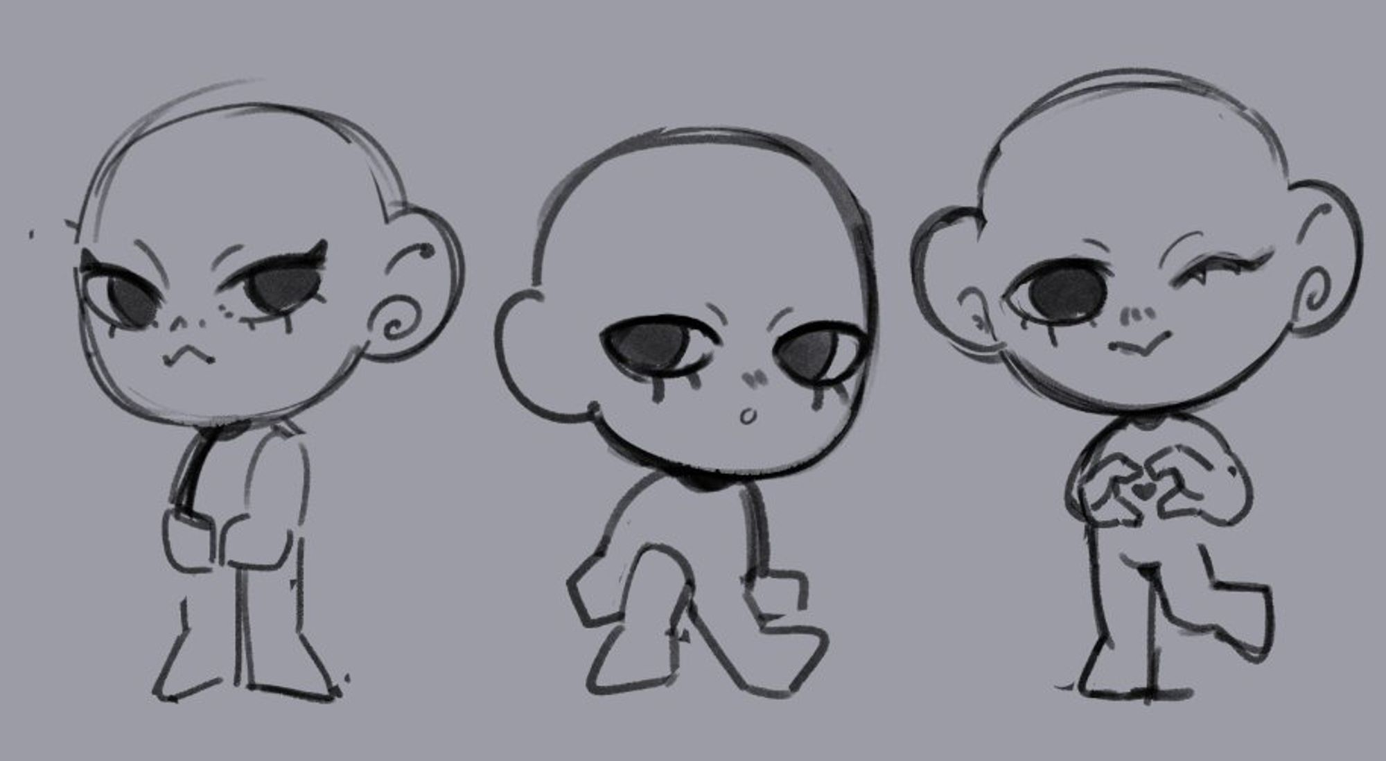 Sketches of chibi fullbody bases with different poses. From the left, a standing pose with hands together, sitting pose with one drawn up knee and a standing pose doing a heart gesture with hands. End ID.