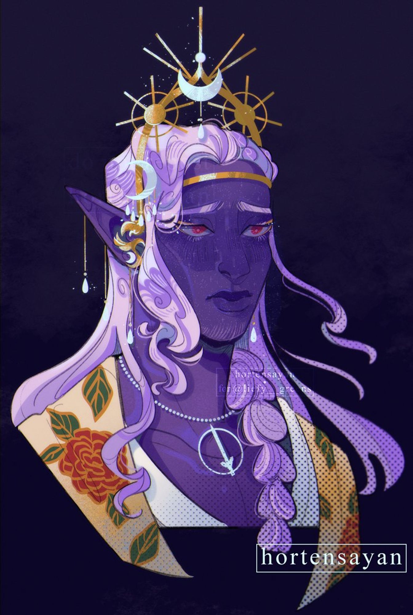 A digital portrait of a purple drow with long straight pale hair with one big braid resting on their left shoulder. The hair is gently moved by a breeze to the right. The character looks slightly worried and has their star-freckled face covere by a dark transparent veil. The eyes are wine-colored and have golden eyeliner. They wear a golden head decoration, a some sort of halo, with silver crescent moons and tear droplets accessories. It's also connected to their earrings which have golden wings with two long teardrop chains in their ears. They also wear a silver necklace with a sword inside a circle. The outfit contains of a white shirt and a shawl with a red roses in gold lines drawings.
The background is a dark purple and has a "hortensayan" watermark in the bottom right corner.