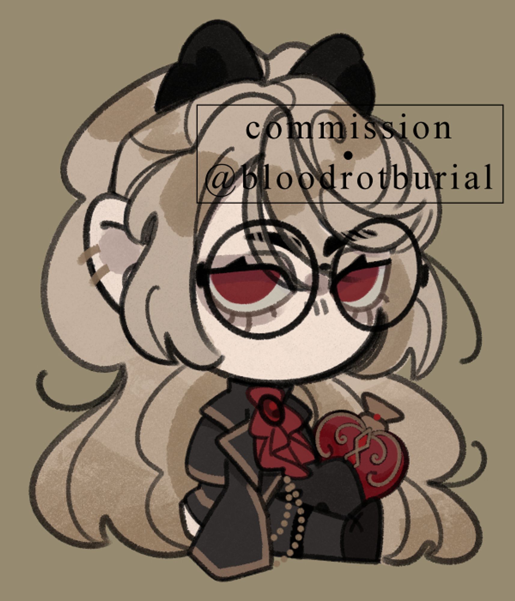 A simple full-body chibi style of a vampiric character with blonde hair tied in a big ponytail and red eyes. They have big round glasses and a gothic outfit with red ruffle jabot, with some brass detailings. Behind character's torso, there's a big red vial with brass detailings and ruby gems. End ID.