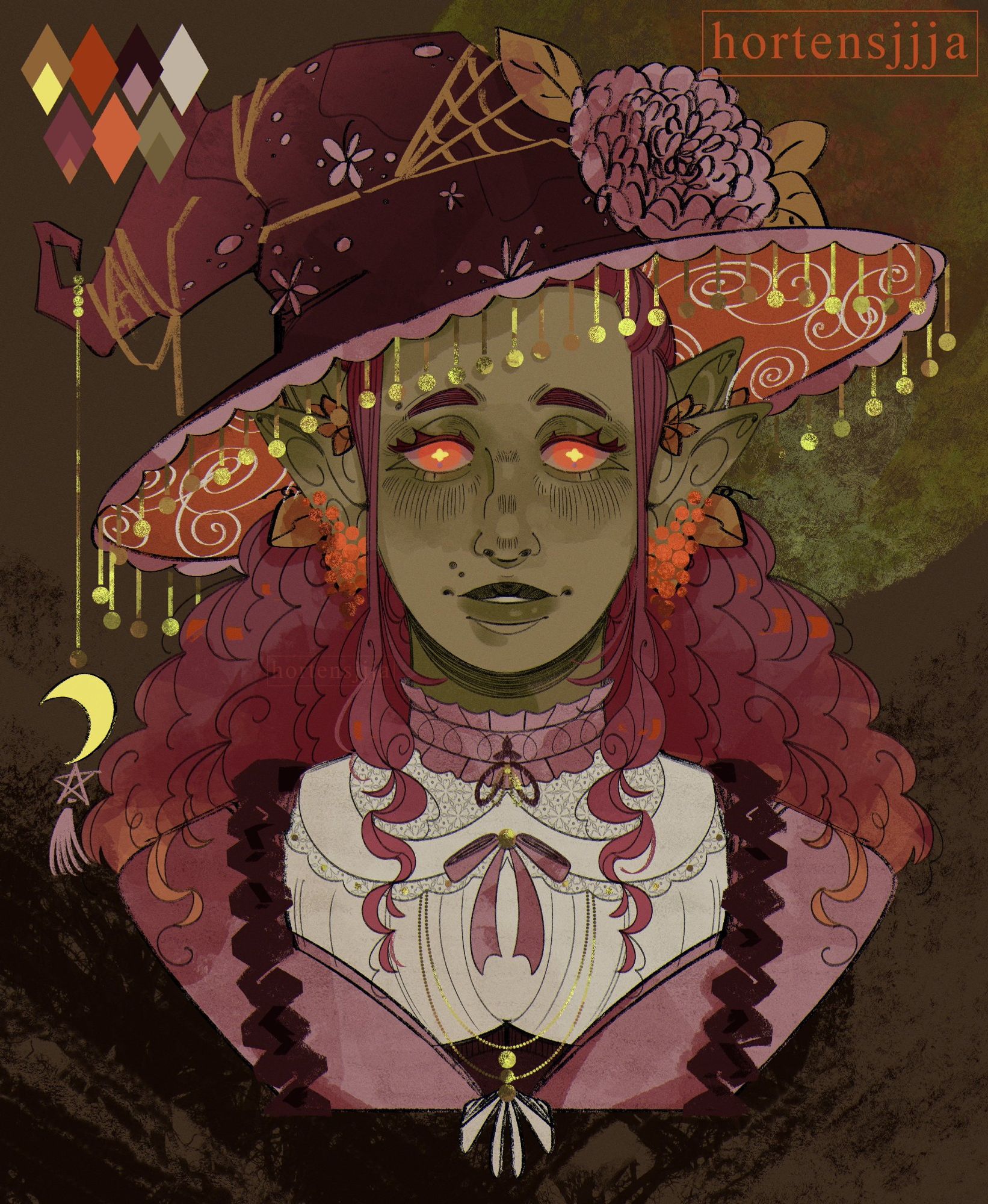 A digital portrait of a smiling elven character with warm green complexion and big amber eyes with gold flower-shaped irises. They have brown curly hair, two moles above their lips on the left side, double elven ears decorated with golden leaves and orange grapes. They wear a big dark brown witchy hat adorned with pink flowers, rusty webs and gold dangly jewerlies; A white blouse with pink elements such as frilly choker and ribbons, and a cardigan wrapped in dark brown ropes as belts.
The background is dark green with some patchy brown spots. There's a color palette in top left corner, and a watermark in top right corner: "hortensjjja". End ID.