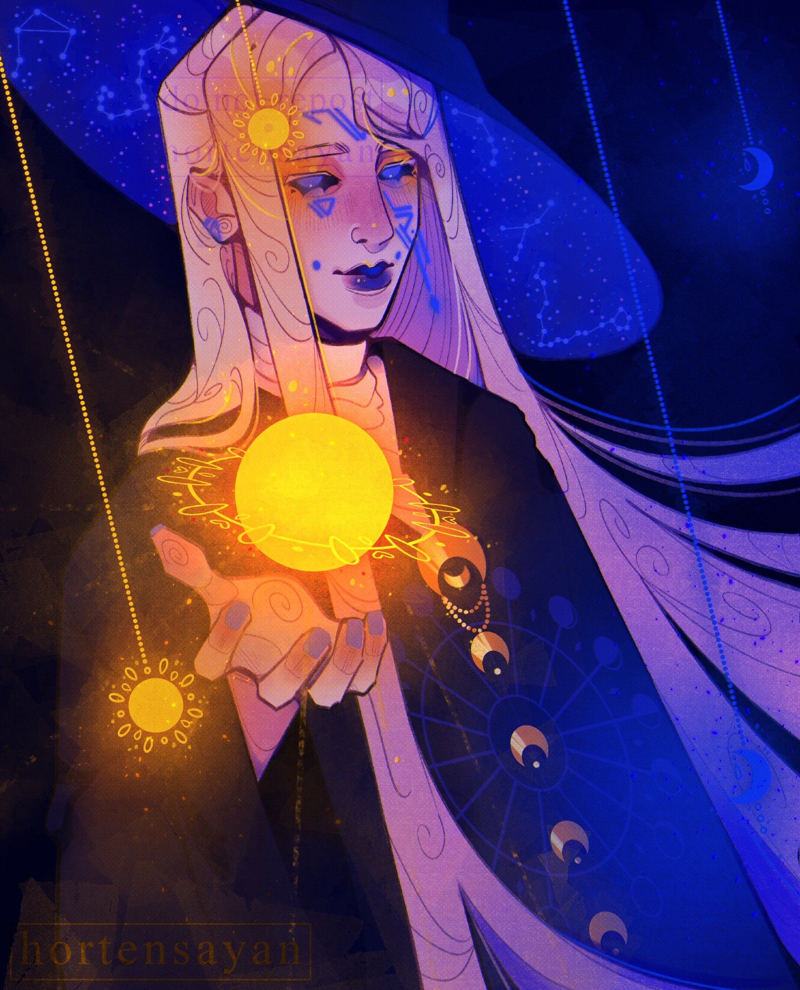 A half-body digital artwork of a humanoid character, with pale complexion and long straight blonde hair, holding a big floating sun with very stylized rays. The character has angular blue markings on their face, blue fingernails and dark blue lips, smiling slightly. Their eyes with no pupils are also blue and glowing faintly, and the scleras are black. They're wearing a black coat embellished with upside down golden crescent moons as buttons, and a white turtleneck. There's a drawing of moon phases on the coat in dark colors. They're also wearing a big hat and its inside is full of blue constellations and stars.

The character is facing slightly to the right while holding a big sun in the direction of camera. Their long hair is also swayed to the left slightly. There are two small golden suns and two dark blue crescent moons hanging from the ceiling, emanating soft light. The background is dark. End ID.