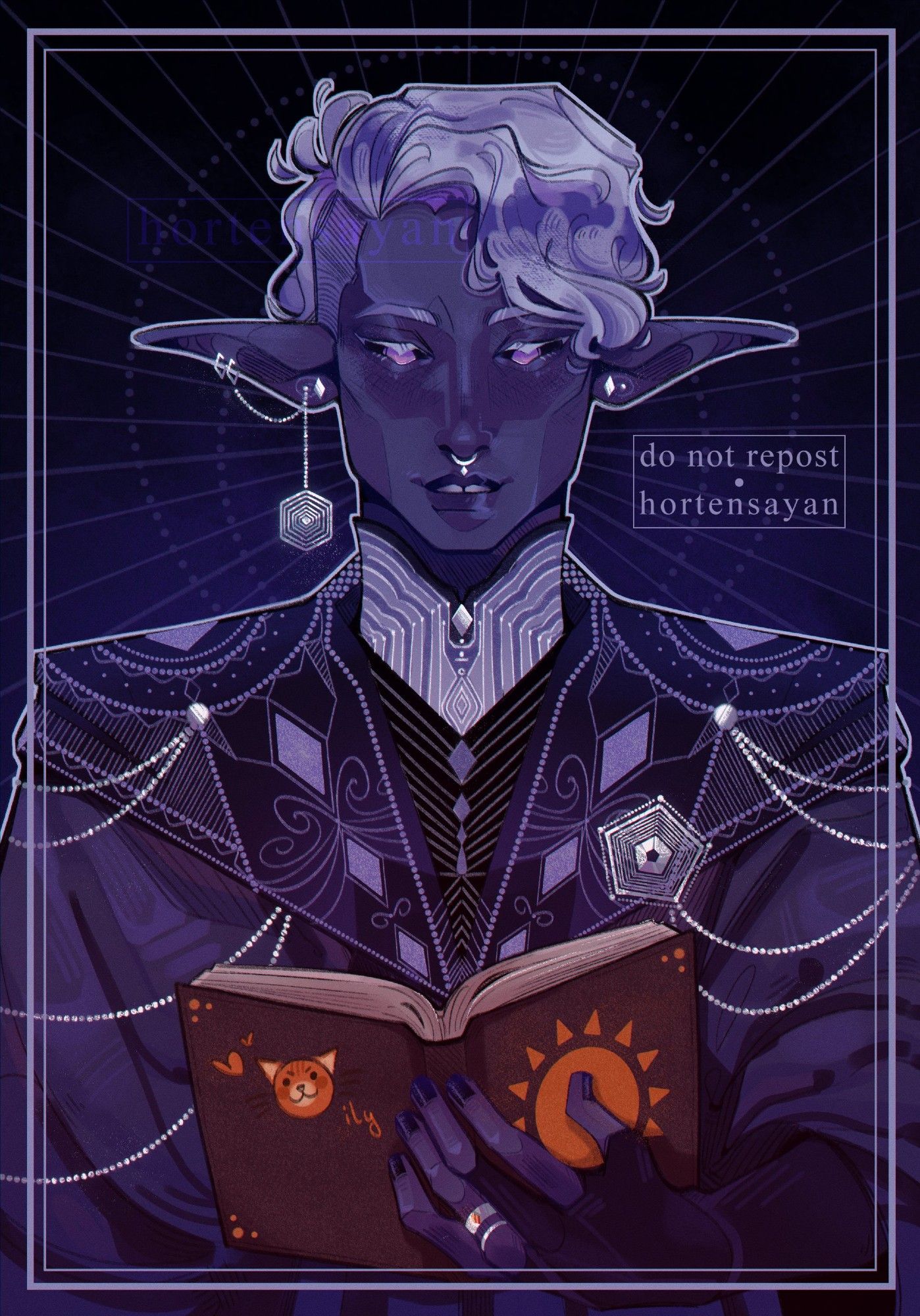 a half-body digital artwork of a purple drow named essek thelyss from the critical role. he has short white hair with one shaved side, pink eyes with dark scleras, a tooth gap and silver septum, a set of silver earrings. he's smiling softly while looking down at the book he's holding. the book has brown cover with orange stylized sun; on its back, there's a cute drawing of an orange cat face with two hearts above its head, and under the cat - it reads "ily".
he wears a long purple cloak with detailed shoulder decorations and silver chains. he has two silver rings on his left hand of which one has a diamond-shaped amber inside of it. the background is dark blue with vague stylized rays.