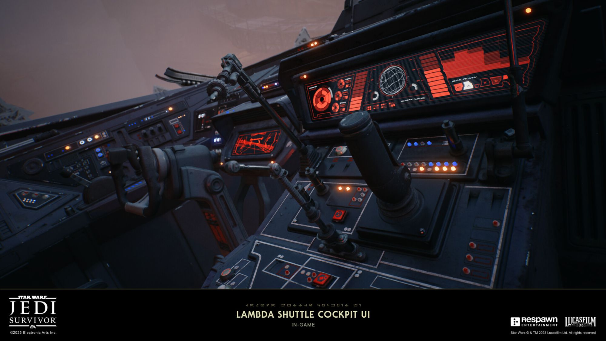 Screenshot from Star Wars Jedi: Survivor showing a close up of the Lamba-class cockpit screens.