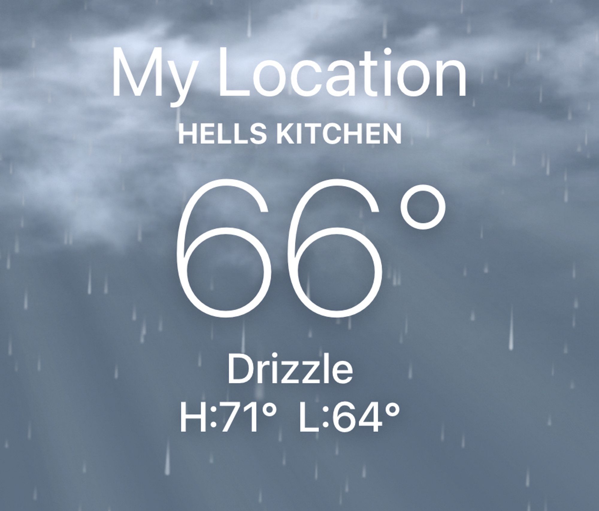 A screen grab from my phone’s weather app showing it’s 66 degrees and drizzling … in Hell’s Kitchen.