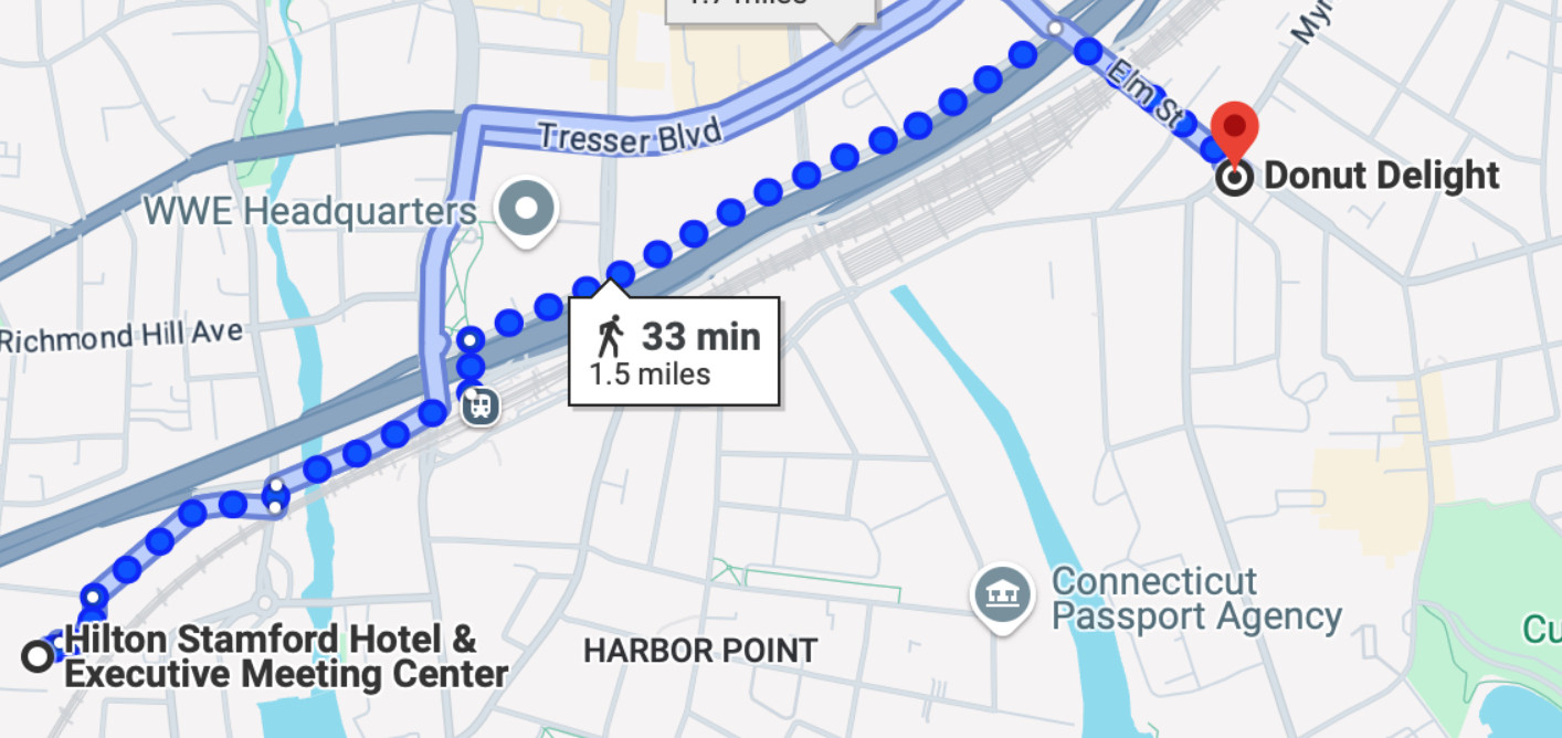 A GPS map showing a route of that length from the Hilton Stamford Hotel & Executive Meeting Center to Donut Delight.