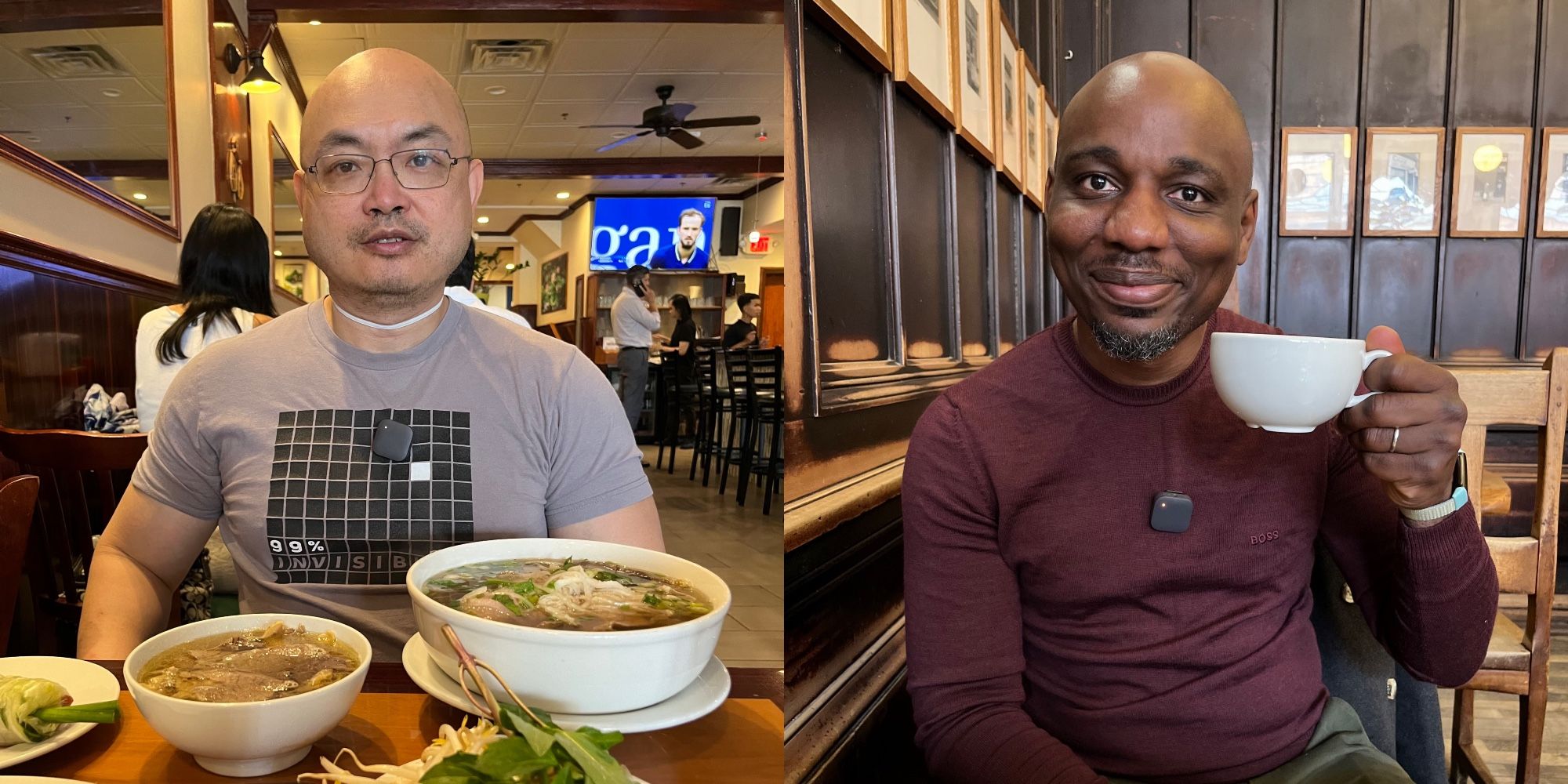 Side by side photos of the two guests across the tables from me during our meals, with John Chu in front of bowls of Beef Noodle Soup and Wole Talabi holding up a coffee mug.