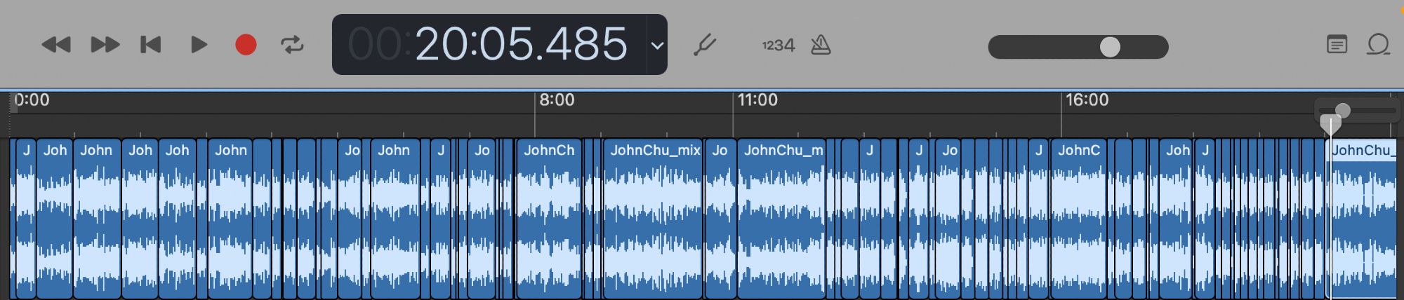 A screen grab of the sound waves of our voices in GarageBand, showing the many snips as well as a time stamp of 20:05.485.