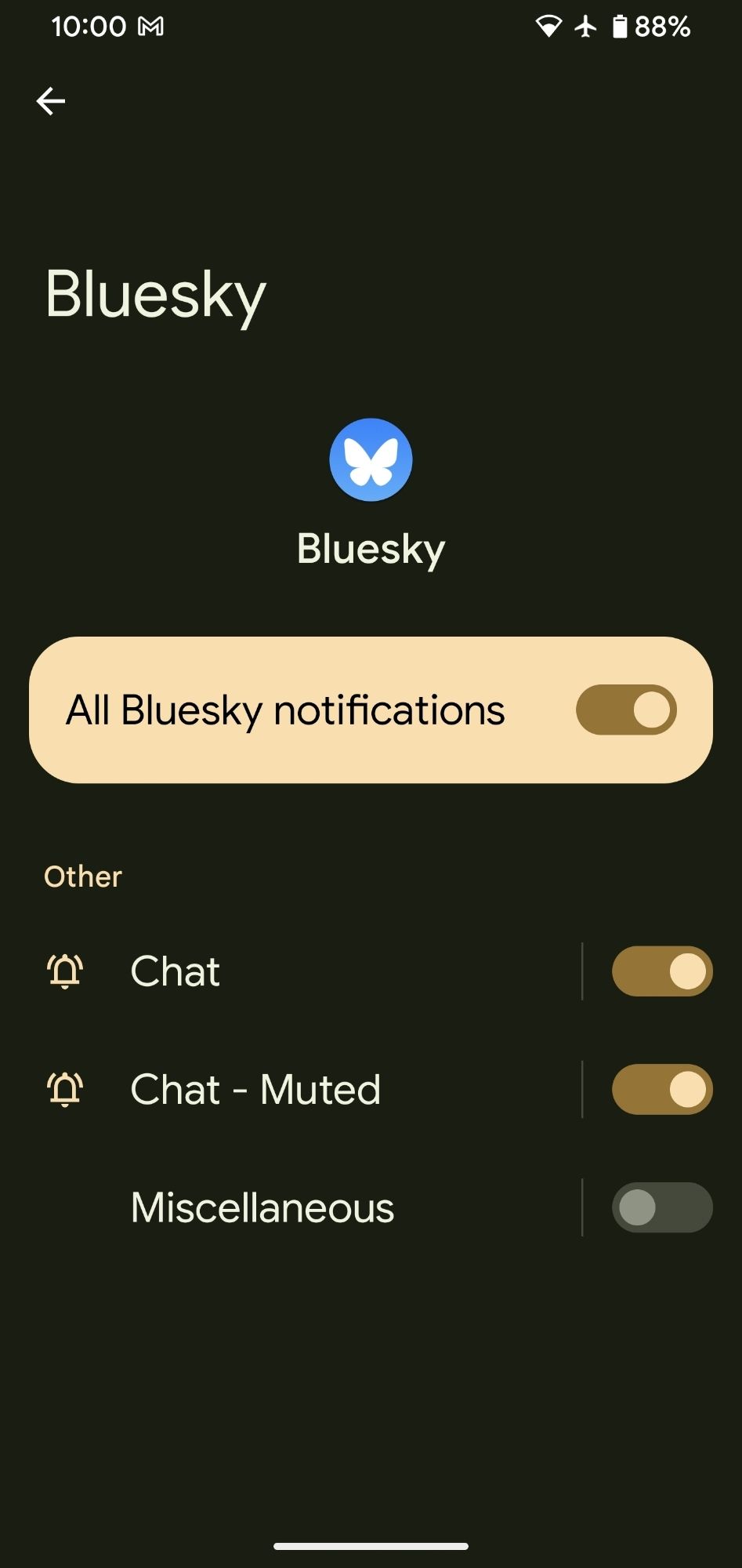 BlueSky notification settings on Android ("Chat", "Chat-Muted", and "Miscellaneous")