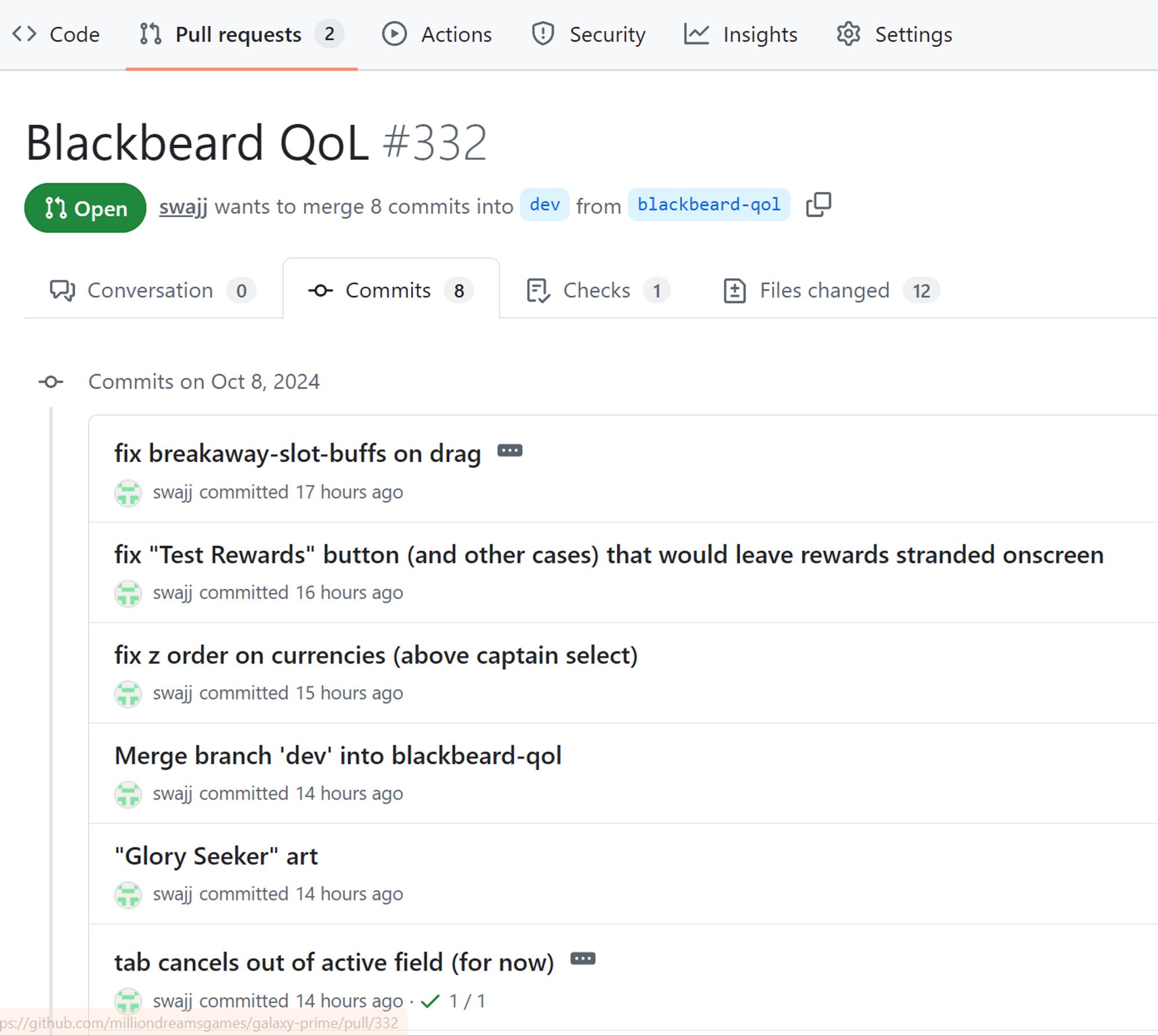 screenshot of a Github pull request on the "Commits" tab, listing several commits and their details / messages