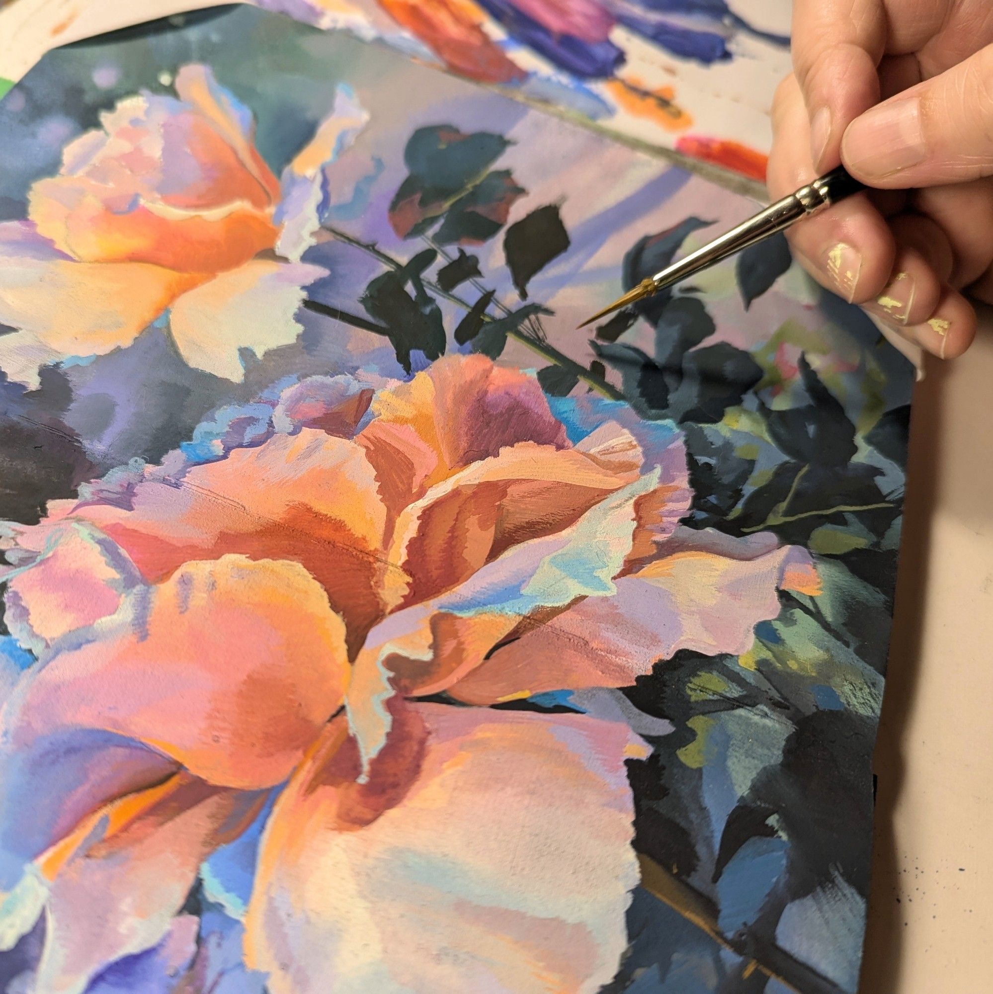 Painting of peach color roses at dusk