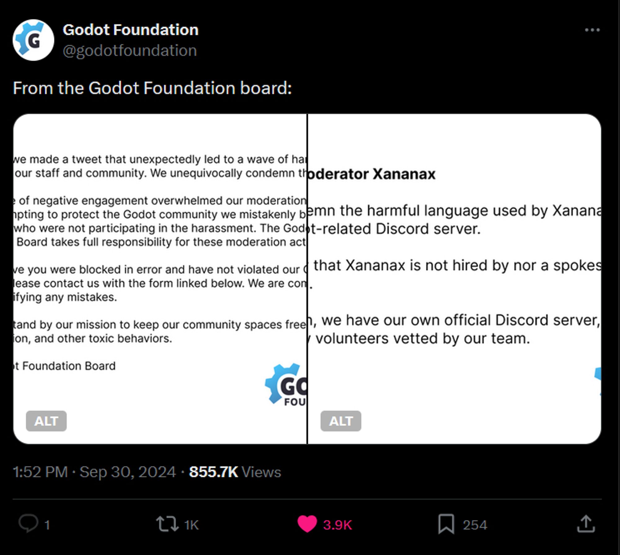 Tweet from Godot Foundation that says "From the Godot Foundation board:". Attached are two images with text.