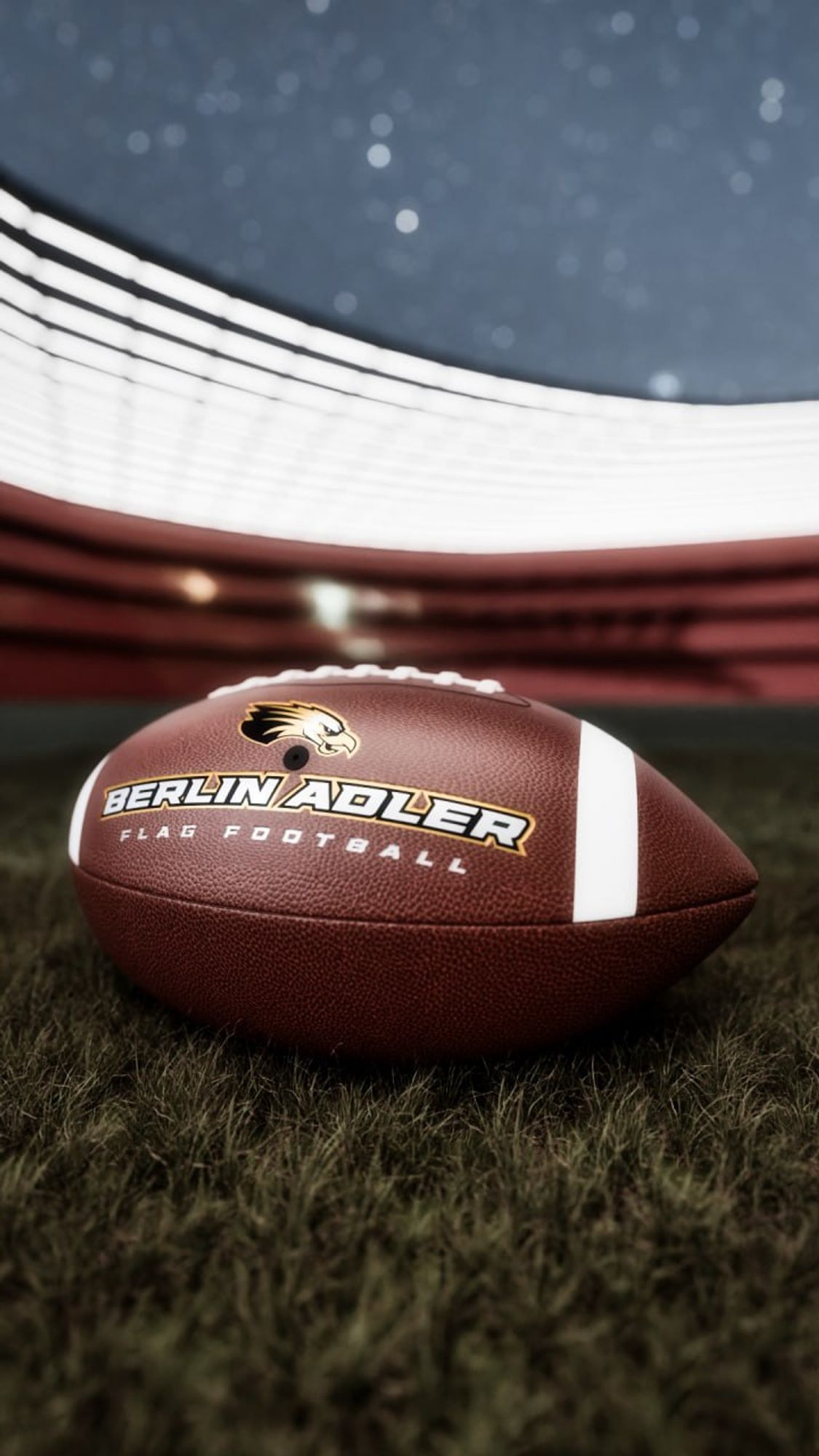 3d render of a football, lying in the grass in a stadium at night