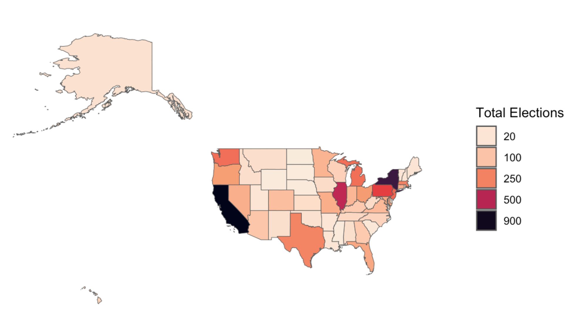 Map of the state borders of the United States, colored in warm colors according to the number of union certification elections between 2016 and 2023.