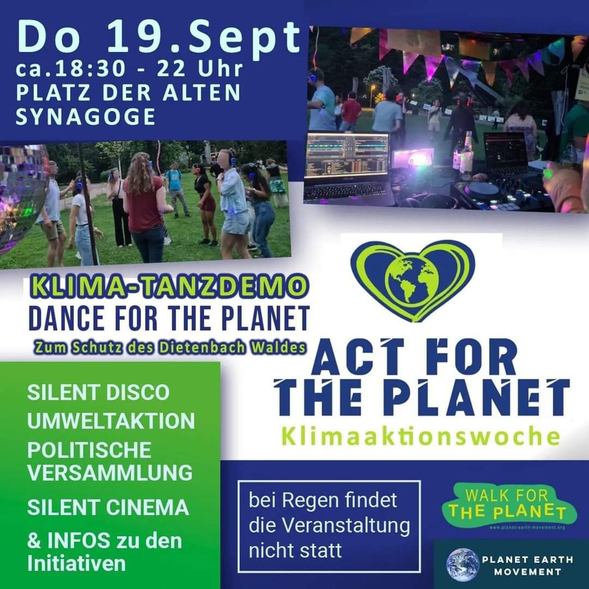 Foto mit tanzenden Menschen. Silent Disco Umweltaktion Politische Versammlung Silent Cinema von der Gruppe Walk for the Planet