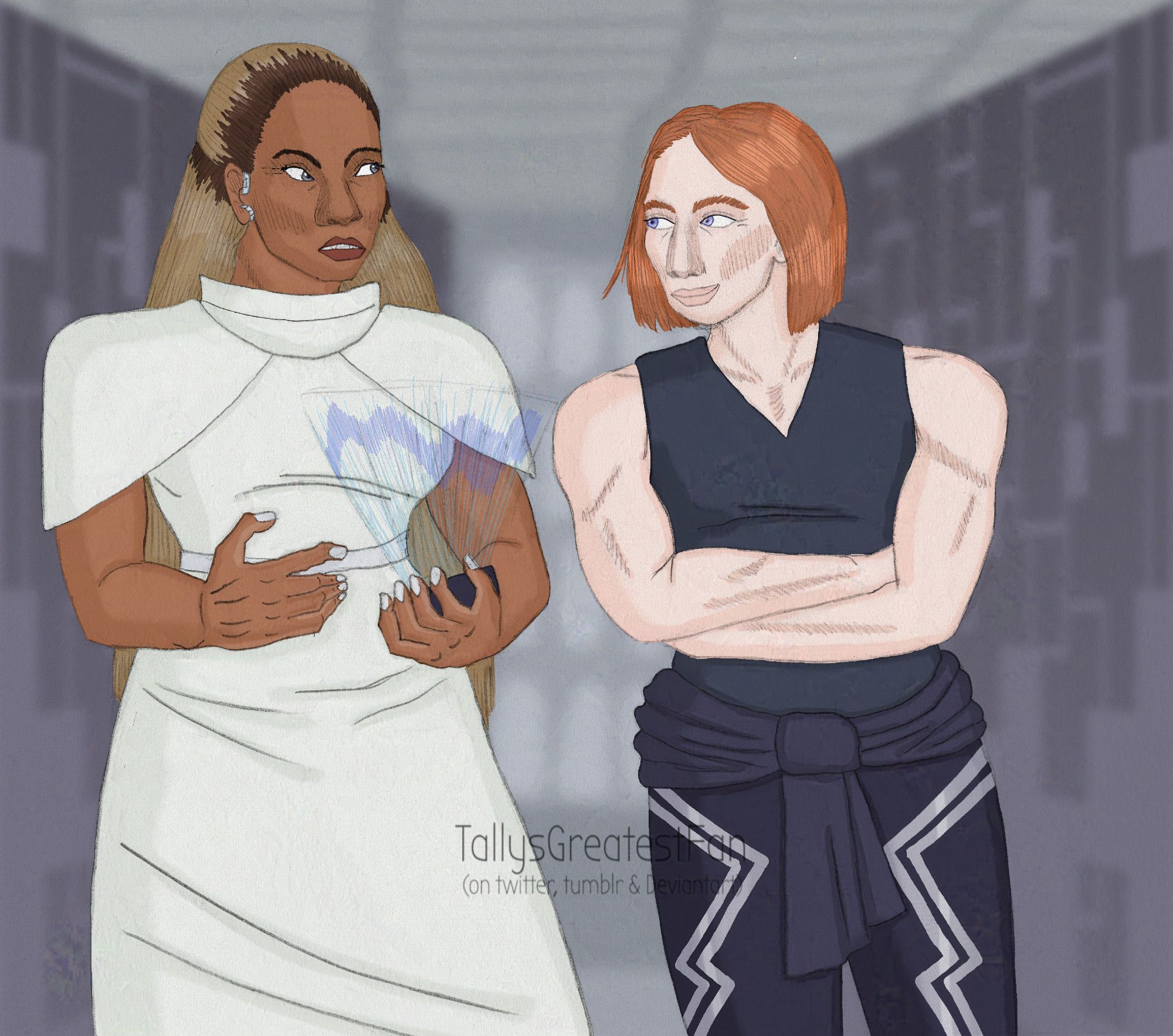 ID: Digitally colorized pencil drawing of Dr. Cable (tall, curvy black woman with unnaturally grey eyes and long blonde hair, wearing a futuristic white dress) talking and showing something on a hologram, while general Clayton (muscular white woman with shoulder length red hair, wearing a tank top and some kind of futuristic jumpsuit) listening and smiling